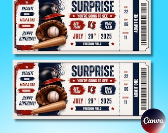 Editable Baseball Game Ticket, Printable Baseball Surprise Voucher, Baseball Gift Certificate, Father's Day Canva Template