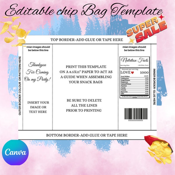 Chip bag template | Digital custom chip bag | Chip bags template | Chip bag personalized | Party favor instant download | Party template