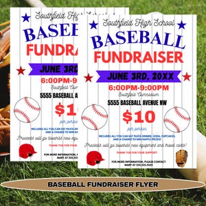 May include: Two baseball fundraiser flyers with blue and red text. The flyers include the text "BASEBALL FUNDRAISER", event details, and a baseball graphic. The flyers are for Southfield High School.