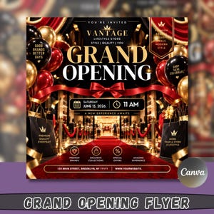 Peut inclure: Un dépliant d'inauguration pour Vantage Lifestyle Store avec un tapis rouge, des ballons dorés et rouges, et des sacs noirs. Le texte indique : You're Invited, Vantage Lifestyle Store, Grand Opening, Saturday June 15, 2026, 11 AM.