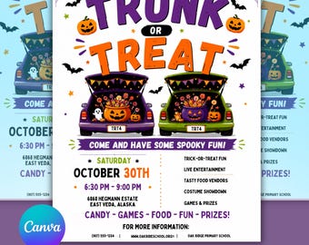 Trunk or Treat Flyer Template | Church Trunk or Treat Flyer | Halloween Party invite |  Fall Festival | Canva Template | Instant Download