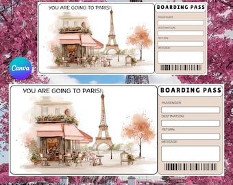 Paris Boarding Pass Template, Trip Reveal Ticket, Surprise Travel Gift, Paris Trip Voucher, Editable Canva Ticket, Wedding Invitation