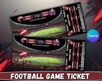 Op de afbeelding: Twee voetbalwedstrijdtickets met een stadionscène, teamnamen en wedstrijddetails. De tickets hebben een zwarte achtergrond met rode accenten en de tekst "FOOTBALL GAME TICKET".