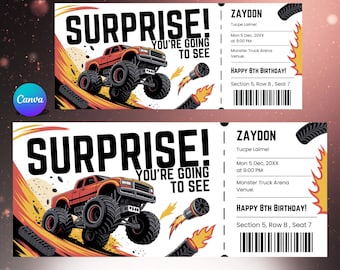 Monster Truck Ticket Template, Editable Canva Ticket, Race Show Surprise Reveal, Printable Birthday Gift Invite, Monster Jam Ticket Stub