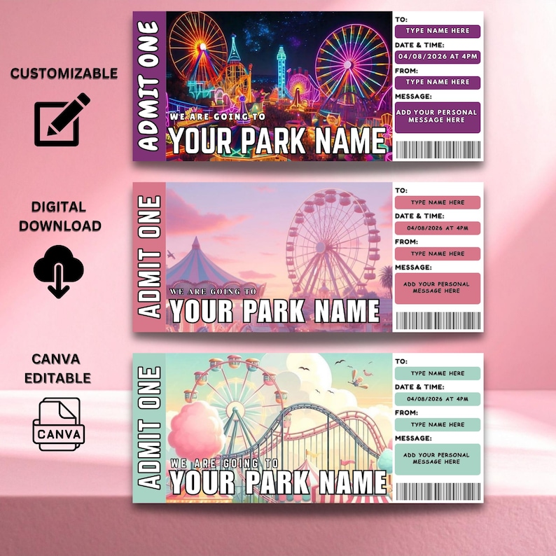 Editable Theme Park Ticket | Amusement Park Admission Printable ...