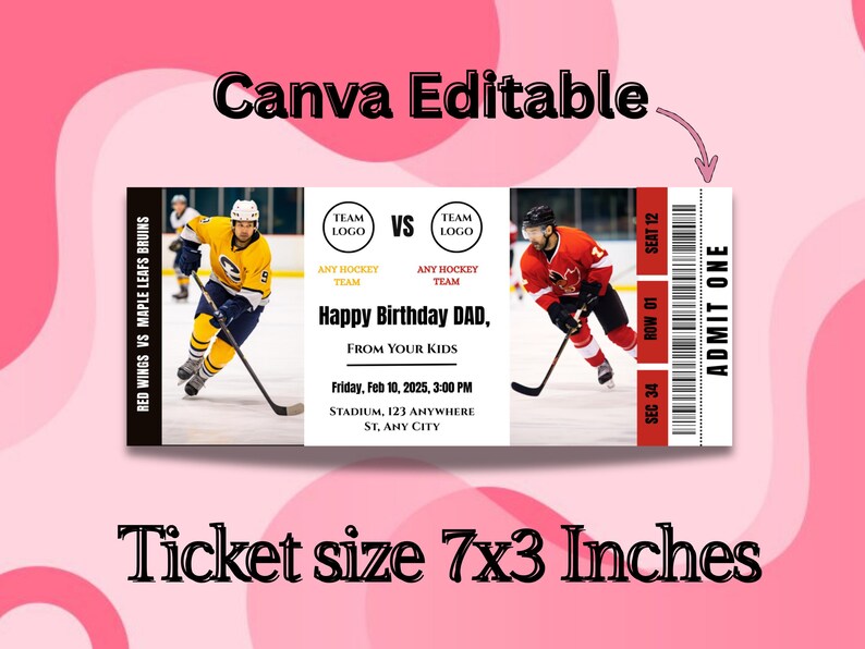 Hockey Ticket Template Editable Printable Hockey Ticket, Custom Game