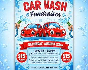 Editable Car Wash Fundraiser Flyer, School Fundraising Poster, Sports Charity Event Canva Template