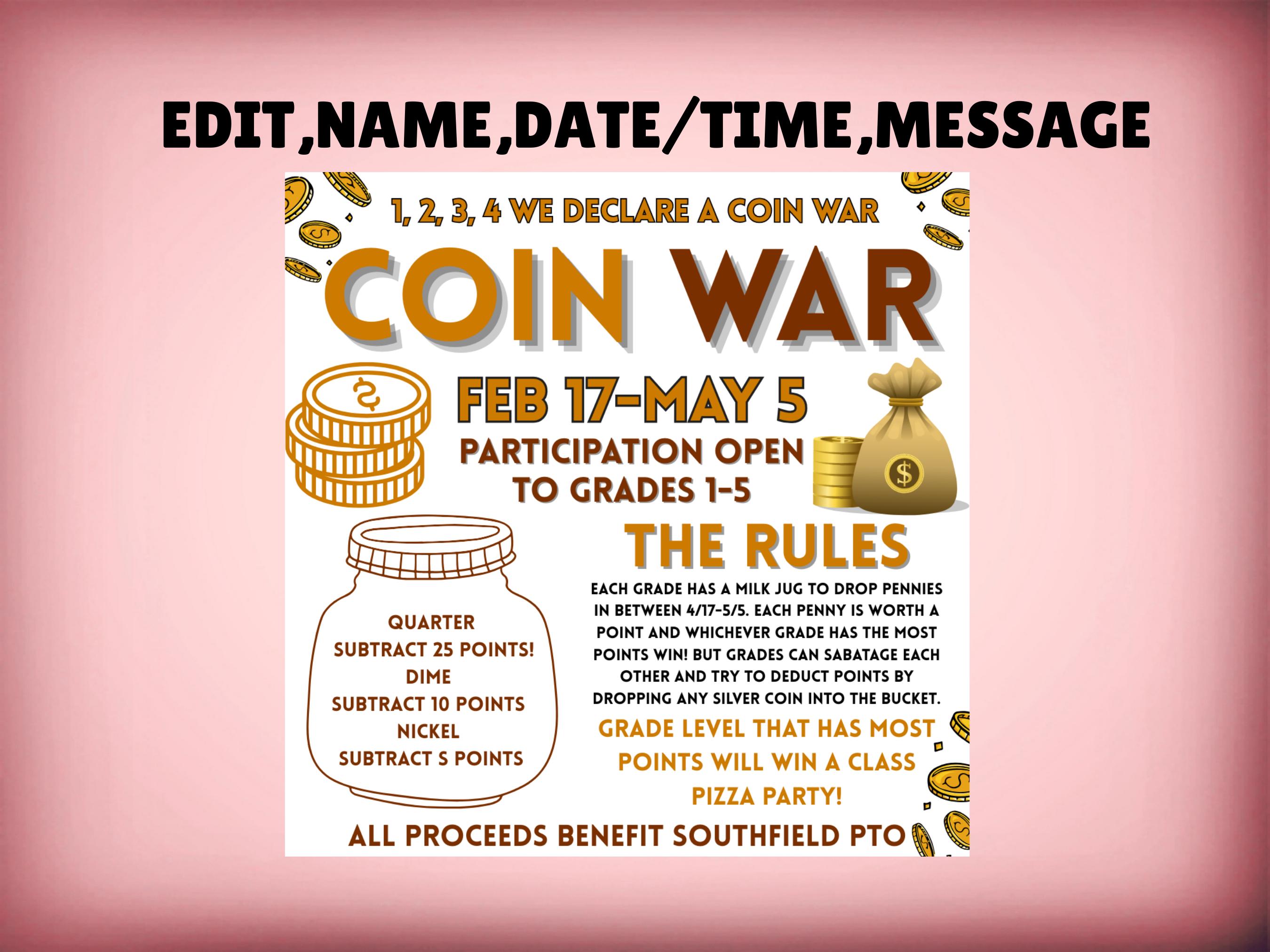Editable Coin Editable Coin War Flyer Canva Template, School Penny Drive Fundraiser ...