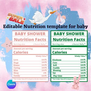 May include: A printable baby shower nutrition facts template with a pink and blue background. The template features a stork carrying a baby in a pink and white bag. The nutrition facts list includes items like love, hugs, kisses, caring, bliss, sleep, and family. The template is editable and can be customized for a baby shower.