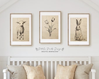 Vintage Spring Wall Art Prints: Rustic Lamb, Tulip, Bunny (Digital Download)