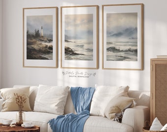 Muted Beach Print Set: Coastal Lighthouse Wall Art (Digital Download)
