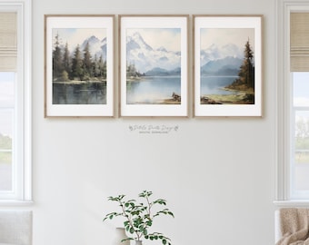 Bergsee Print 3er Set, Ölgemälde Berge, Abstrakte Landschaft, Natur Kunstdrucke, Moderne Minimal Wandkunst, Digitale Kiefernwald Kunst