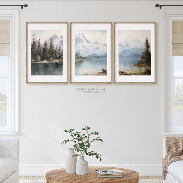 Mountain Lake Print Set of 3, Oil Painted Mountains, Abstract Landscape, Nature Art Prints, Modern Minimal Wall Art, Digital Pine Forest Art