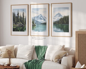 Mountain Lake Watercolor Print Set: Abstract Pine Forest Art (Digital Download)