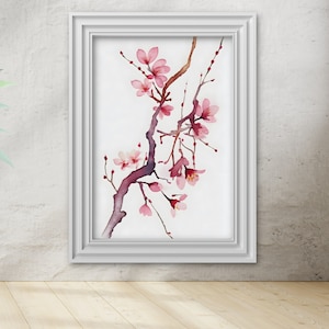 Akwarela Plum Blossom Print, Wydrukowana sztuka akwarelowa, Natychmiastowe pobieranie, Sztuka ścienna Plum Blossom, Akwarela Plum Tree Download