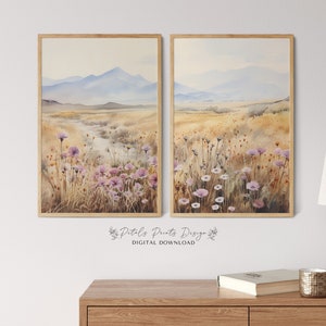 Printable Wildflower Field Landscape Set of 2, Vintage Farm House, Country Field Landscape Painting Printable, Wildflower Art Download