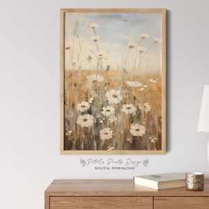 Printable Wildflower Field Landscape Oil Painting, Vintage Farm House, Country Field Landscape Oil Painting Printable, Art Digital Download