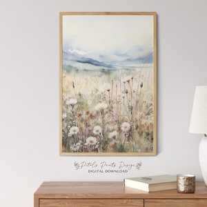 Printable Wildflower Field Landscape Painting, Vintage Farm House, Country Field Landscape Painting Printable, Watercolor Wildflower Print