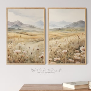 Printable Wildflower Field Landscape Split Set of 2, Vintage Farm House, Country Field Landscape Painting Printable, Wildflower Art Download
