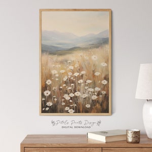 Printable Wildflower Field Landscape Oil Painting, Vintage Farm House, Country Field Landscape Oil Painting Printable, Vintage Wildflower
