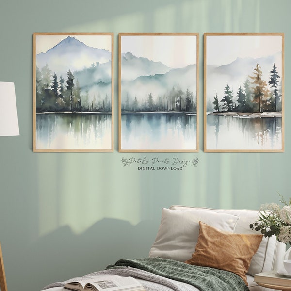 Mountain Lake Split Wall Print Set of 3, Watercolor Mountains, Nature Art Prints, Modern Minimal Wall Art, Digital Pine Forest Wall Art