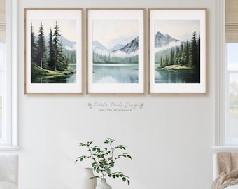Mountain Lake Watercolor Print Set: Abstract Pine Forest (Digital Download)