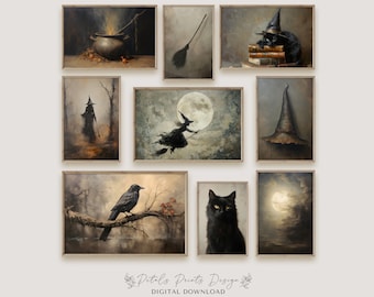 May include: A set of nine digital printable images featuring a witch, a black cat, a crow, a broom, a cauldron, a hat, and a full moon. The images are in a vintage style with a dark and moody color palette.