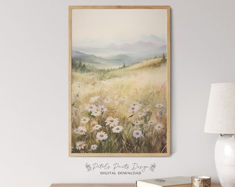Printable Wildflower Field Landscape Oil Painting, Vintage Farm House, Country Field Landscape Oil Painting Printable, Art Digital Download