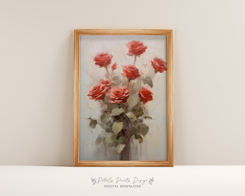 May include: A digital download of a painting featuring a bouquet of red roses in a vase. The roses are painted in a realistic style with soft brushstrokes. The background is a light gray.