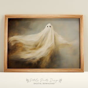 May include: A digital download of a painting depicting a white ghost with a faint outline of a face, floating in a swirling, brown and grey background.
