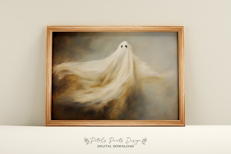 May include: A digital download of a painting depicting a white ghost with a faint outline of a face, floating in a swirling, brown and grey background.
