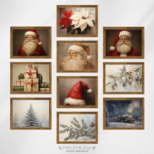 May include: A set of ten framed Christmas prints featuring images of Santa Claus, a Christmas tree, presents, a train, and poinsettias. The prints are all in a gold frame and have a vintage feel.