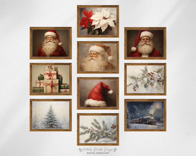 May include: A set of ten framed Christmas prints featuring images of Santa Claus, a Christmas tree, presents, a train, and poinsettias. The prints are all in a gold frame and have a vintage feel.