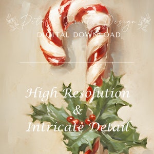 May include: A red and white candy cane with a green holly sprig with red berries. The text "High Resolution & Intricate Detail" is written below the candy cane.