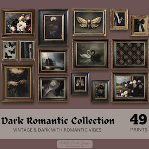 May include: A collection of framed vintage art prints in a dark romantic theme. The prints feature floral arrangements, butterflies, a moth, swans, and architectural scenes. The text "Dark Romantic Collection" and "49 Prints" are visible.