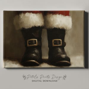 May include: A painting of a pair of black boots with gold buckles. The boots are worn by a figure wearing a red and white Santa suit. The background is a brown wall.