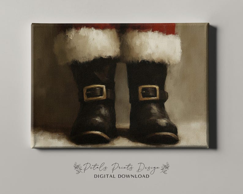 May include: A painting of a pair of black boots with gold buckles. The boots are worn by a figure wearing a red and white Santa suit. The background is a brown wall.