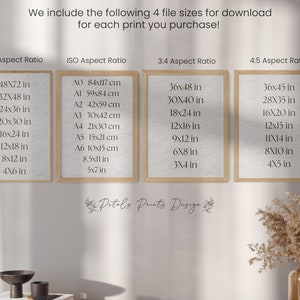 May include: Four wooden frames with white paper inside, each frame lists different print sizes in inches and centimeters. The frames are labeled with different aspect ratios: 2:3, ISO, 3:4, and 4:5. The text "Pitals Prints Design" is written below the frames.