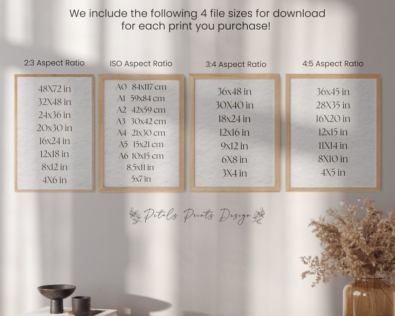 May include: Four wooden frames with white paper inside, each frame lists different print sizes in inches and centimeters. The frames are labeled with different aspect ratios: 2:3, ISO, 3:4, and 4:5. The text "Pitals Prints Design" is written below the frames.