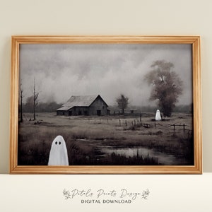 Ghosts Art Print, Halloween Art Print, Halloween Decor, Cute Ghosts in Field, Spooky Vintage Halloween, Printable Wall Art, Digital Download