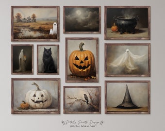 May include: A set of ten digital printable Halloween art prints featuring various spooky and whimsical images, including a black cat, a ghost, a pumpkin, a witch's hat, and a cauldron. The prints are framed in rustic brown wood frames and arranged in a grid pattern on a white wall.