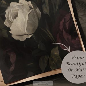 May include: A digital art print featuring a close-up of a white rose and a dark red rose against a dark background. The print is on matte paper. The text on the image says "Prints Beautifully On Matte Paper".