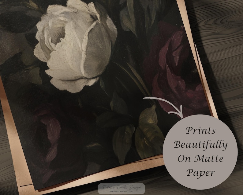 May include: A digital art print featuring a close-up of a white rose and a dark red rose against a dark background. The print is on matte paper. The text on the image says "Prints Beautifully On Matte Paper".