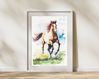Stylized Watercolor Horse Wall Art. Watercolor Horse Running in a Field.
