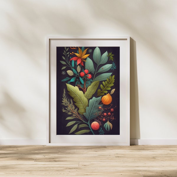 Colorful Folk Botanical Wall Art - Digital Download - Instant Download - Floral Art - Botanical Art - Folk Art - Rustic Art