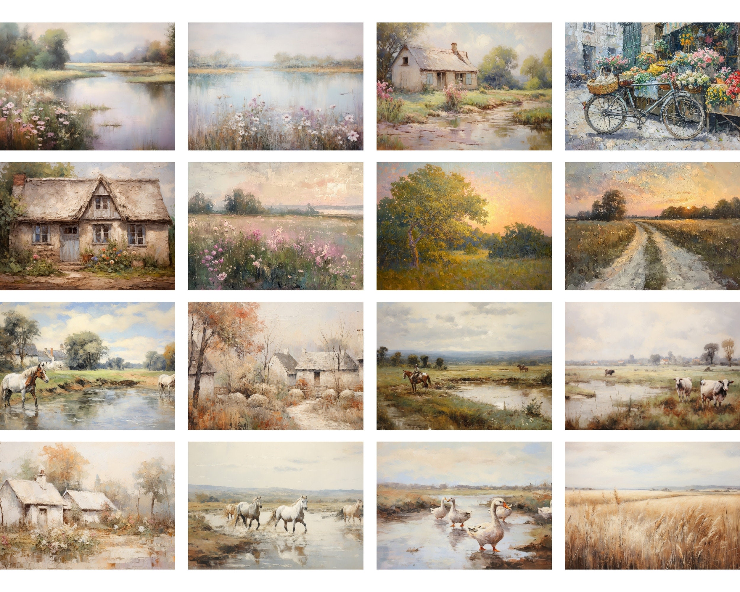 Vintage Country Landscape Prints SET - Rustic Spring Gallery Wall Art ...
