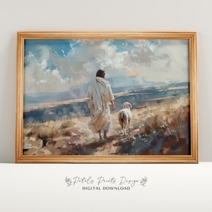 Jesús deja los 99, parábola de la oveja perdida, arte de la pared de Jesús, buen pastor, pintura de Jesucristo, arte de la pared de las Escrituras, don cristiano