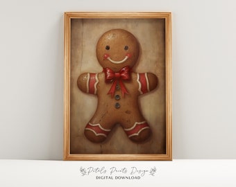 Jultryck med pepparkaksgubben: Vintage julväggkonst (digital nedladdning)