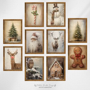 May include: A set of 10 digital printable Christmas illustrations in a rustic style. The illustrations include a snowman, a gingerbread man, a candy cane, a reindeer, a Christmas tree, a Santa Claus, an owl, a house, and a deer.