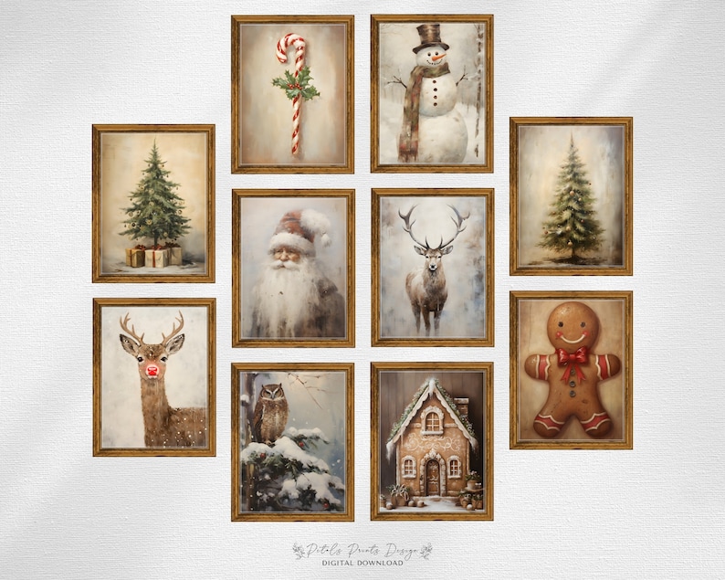 May include: A set of 10 digital printable Christmas illustrations in a rustic style. The illustrations include a snowman, a gingerbread man, a candy cane, a reindeer, a Christmas tree, a Santa Claus, an owl, a house, and a deer.